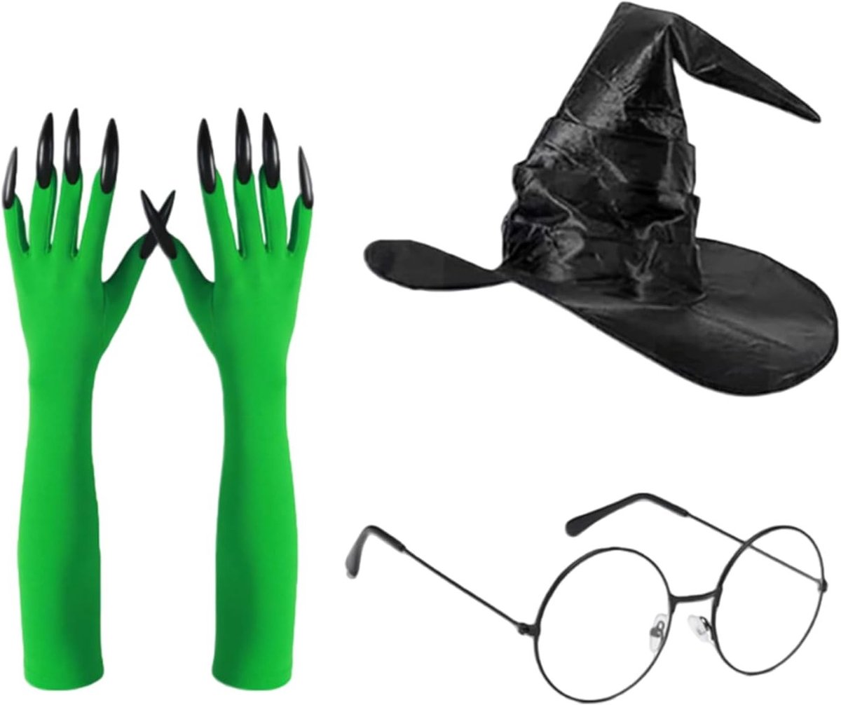 3-delige Set voor Heksen Kostuum Accessoires, Hekkenhoed, Elphaba Bril en Groene Klauwen Handschoenen voor Volwassenen Cosplay en Feestkleding