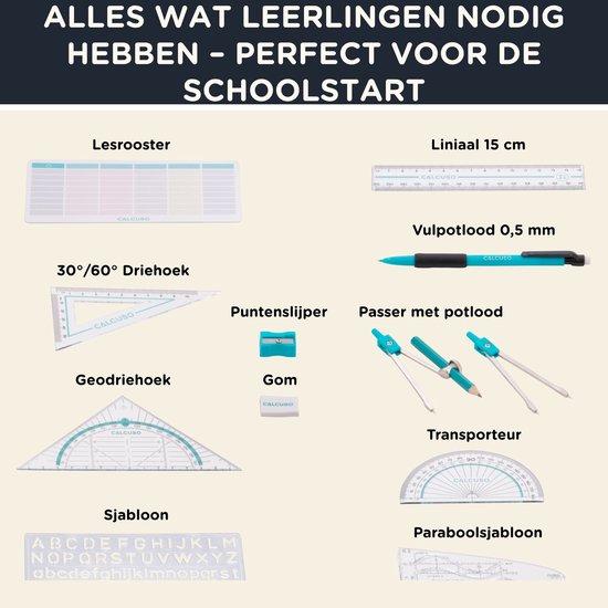 Overzicht van een 14-delige geometrische set: lesrooster, liniaal, vulpotlood, driehoeken, puntenslijper, passer, gradenboog, sjablonen.