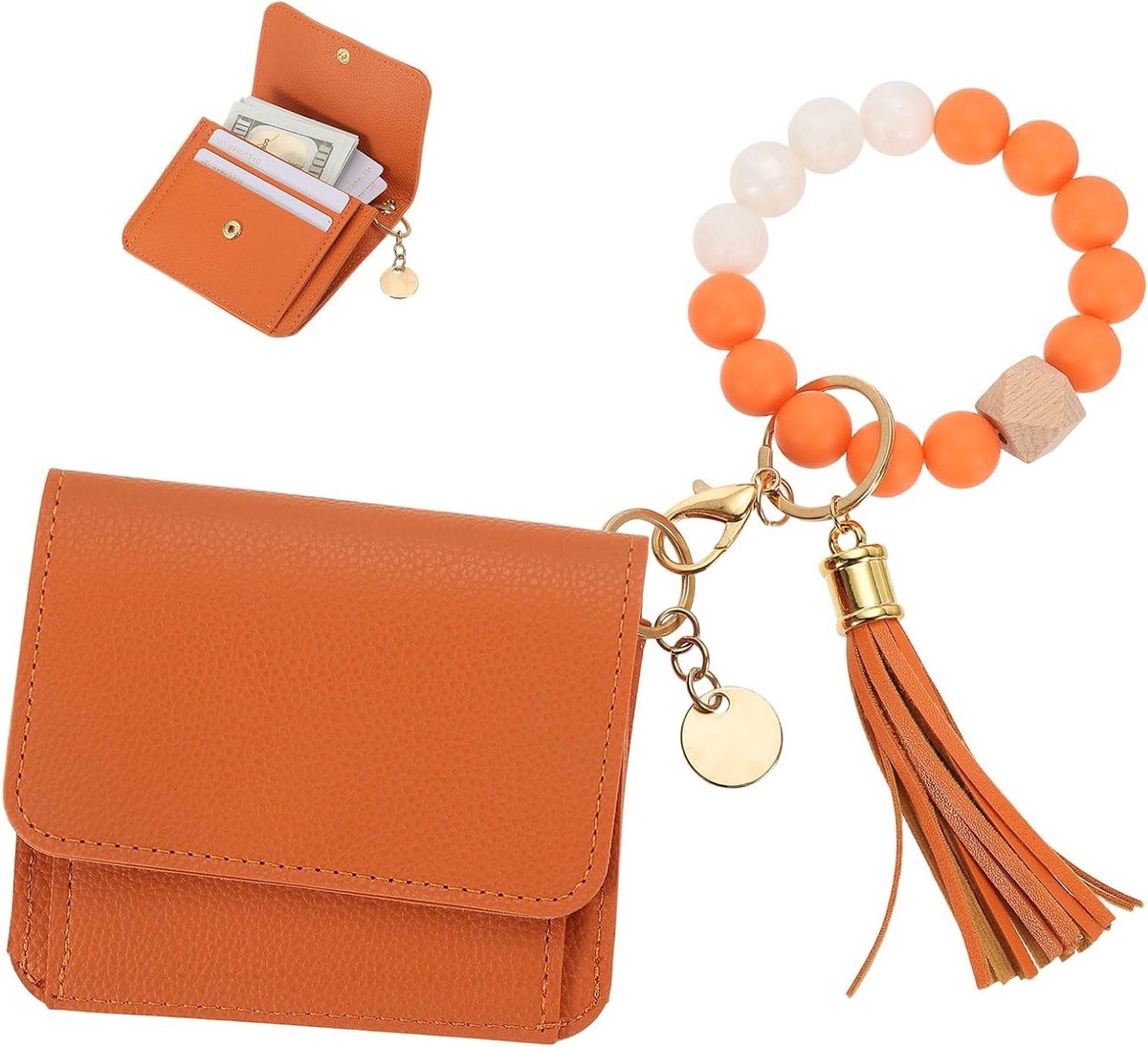 Schattige damesportemonnee met sleutelhanger, armband, parels en kwast, mini-portemonnee voor kaarten in oranje en wit