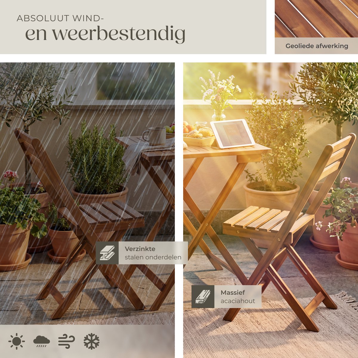 tectake® Houten Bistroset voor 2 Personen - 60 x 60 x 74,5 cm - Weerbestendig Acaciahout - Opvouwbaar - Inklapbaar - Tuinset met Bistrotafel en Bistrostoelen - Tuintafel - Tuinstoelen - Tafel en Stoelen set voor Balkon, Camping & Terras – foto 8