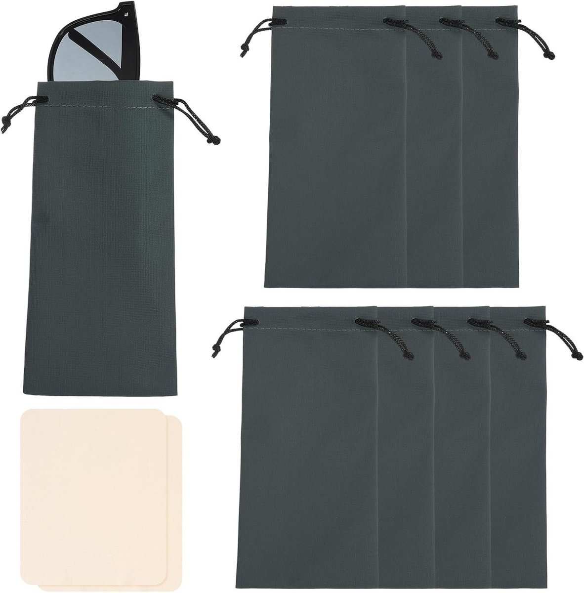8 Stuks Draagbare Brillenkoker van Polyester, Zonnebrillenetui met Trekkoord en 2 Doeken, Donkergrijs, 18 x 8 cm, Ideaal voor Bescherming en Opberging van Zonnebrillen