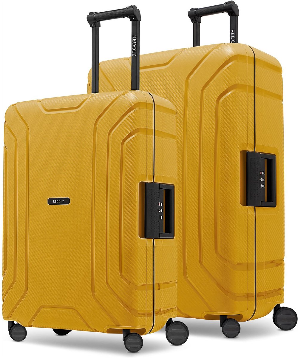 Redolz Essentials 15 4-wiel kofferset 2-delig met driepuntsluiting - Harde bagage - TSA slot - dark yellow