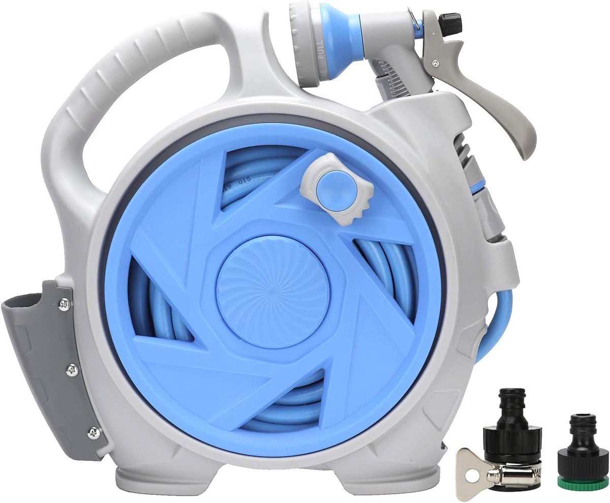 Slanghaspel Set - Water slang houder - Tuin besproeien - Automatisch oprollen - 15 meter slang - Grijs