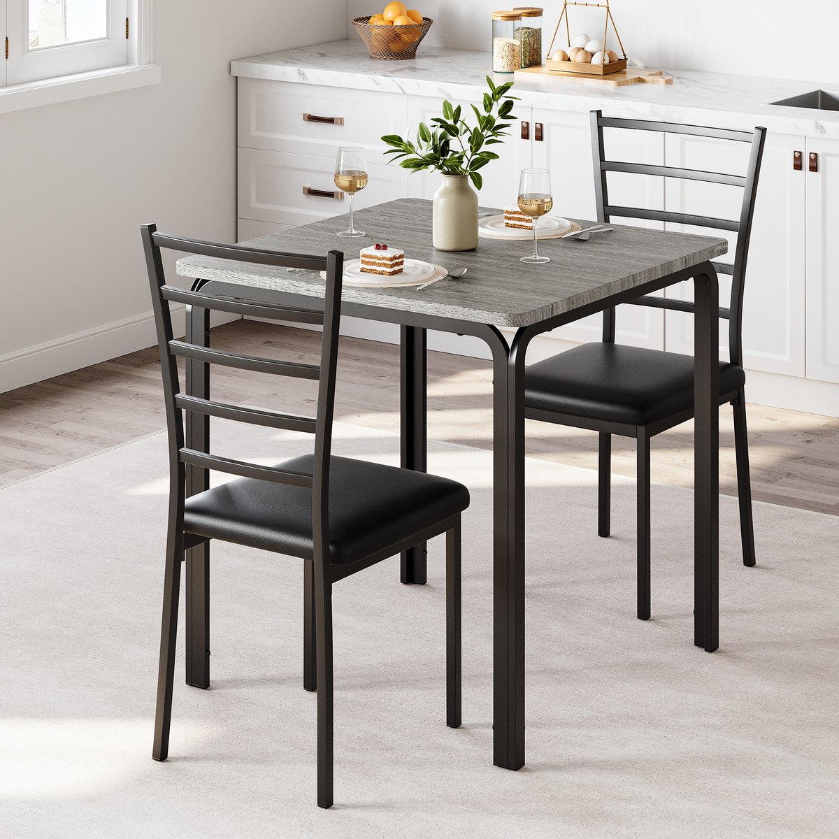 Eettafel Stoel Set 3-delig - 74x74x76cm - 2 Beklede Stoelen - Vintage Tafelblad en Afgeronde Hoeken - Ruimtebesparend voor Kleine Appartementen en Ruimtes - Grijs