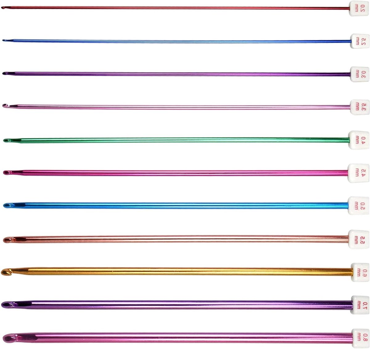 Set van 11 ergonomische haaknaalden in verschillende kleuren van 2 mm tot 8 mm voor haken, breien en creatief handwerk