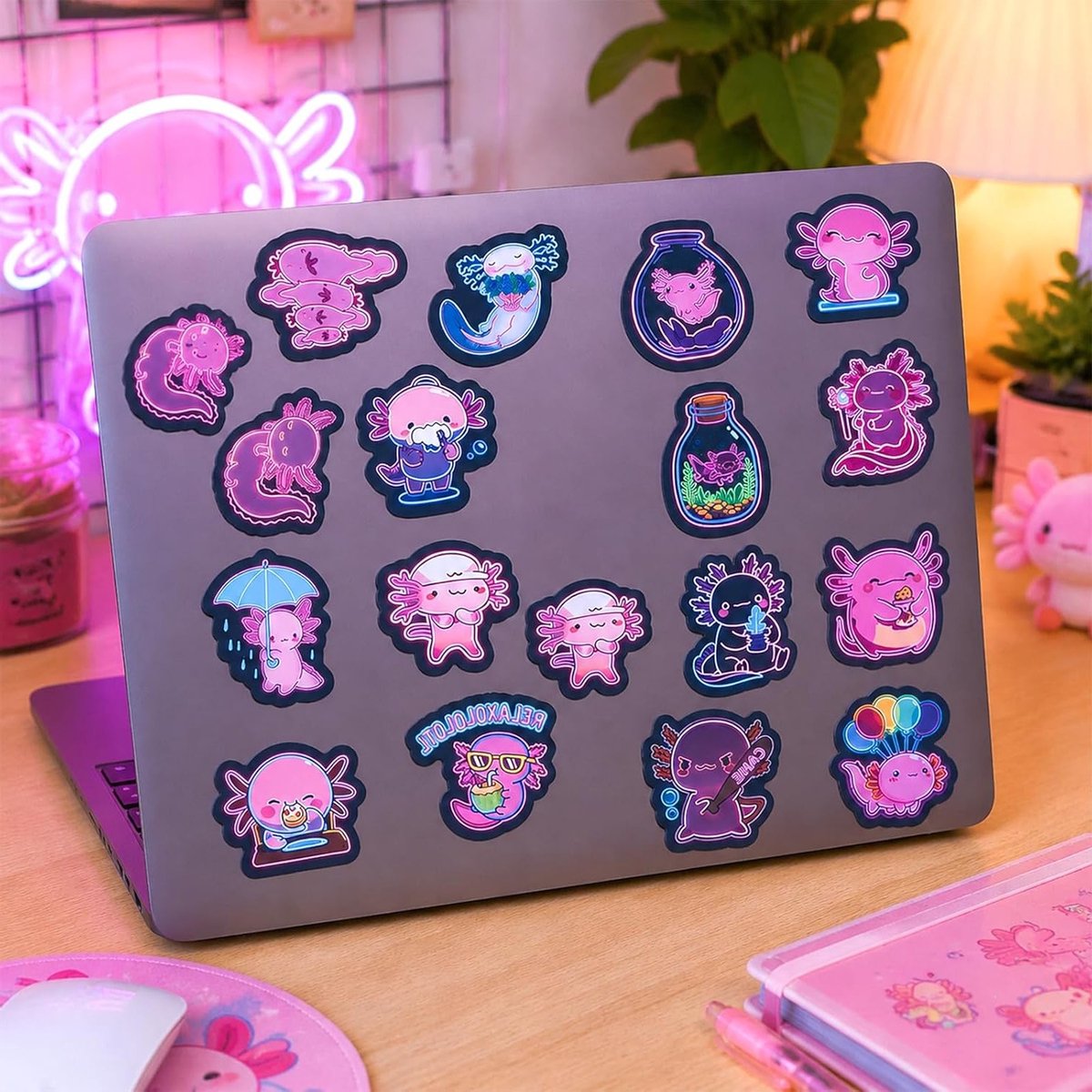 120 Waterbestendige Neon Axolotl Stickers voor Laptop, Waterfles, Telefoon en Skateboard - Schattige Dierenstickers voor Tieners en Volwassenen