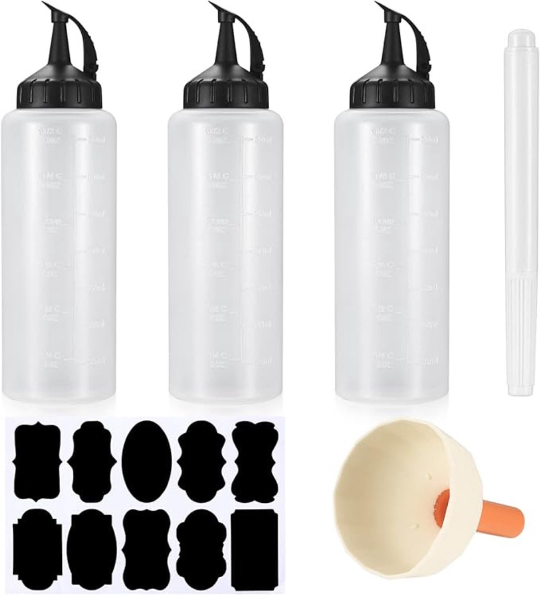 Verte Squeeze Bottle - Plastic Knijpflessen - Knijpflessen - Kruidenflesjes met Deksel - Knijpfles met Doseeropening - Ketchup - Mosterd - Mayonaise - Sauzen met Etiket - Pen - Trechter - 3 Stuks - 350 mL