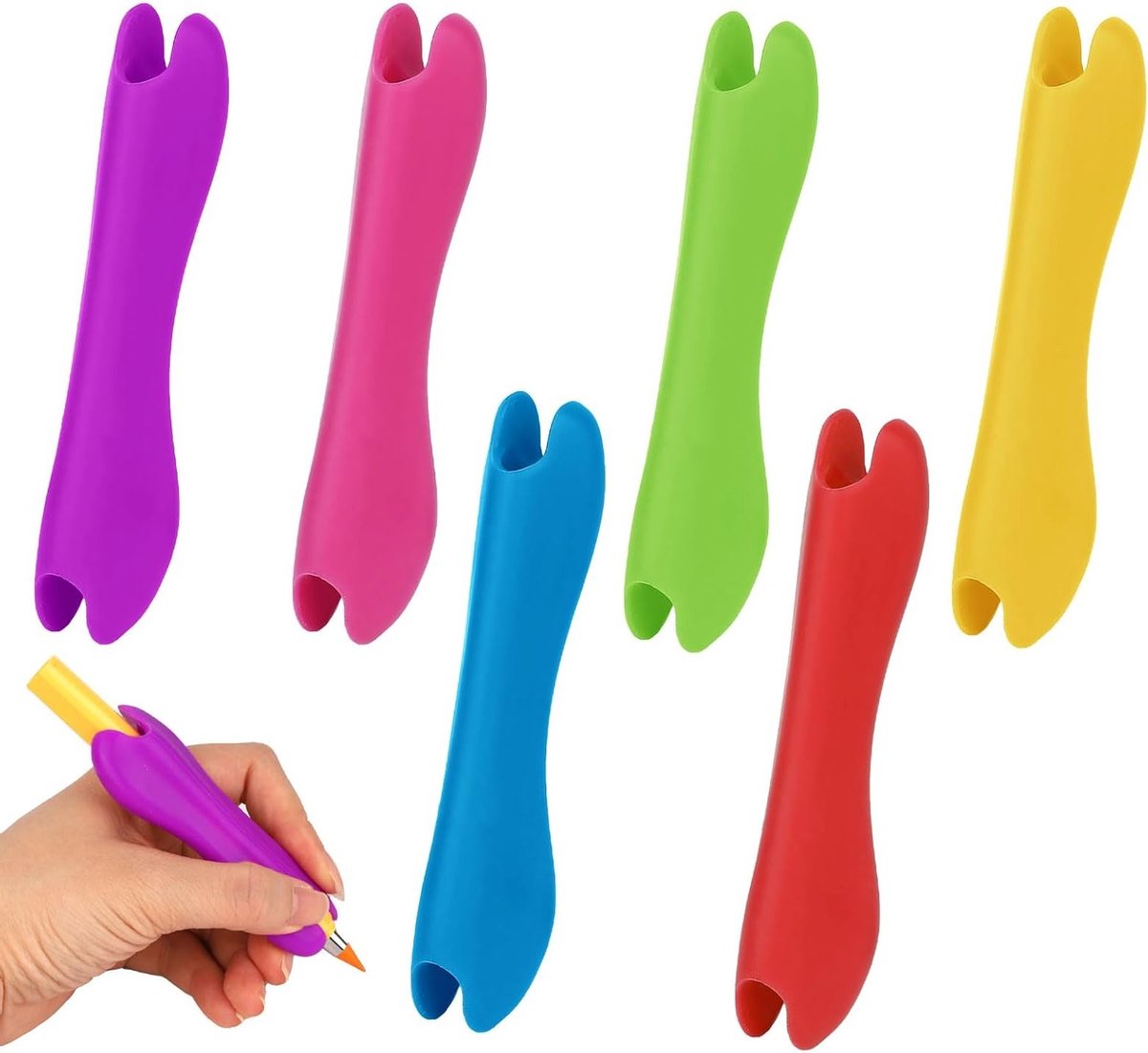 Ergonomische Potloodgrepen voor Kinderen en Volwassenen - 6 Stuks Siliconen Grip voor Handwriting, Geschikt voor Links- en Rechtshandigen, Ideaal Schrijfhulpmiddel in 6 Kleuren
