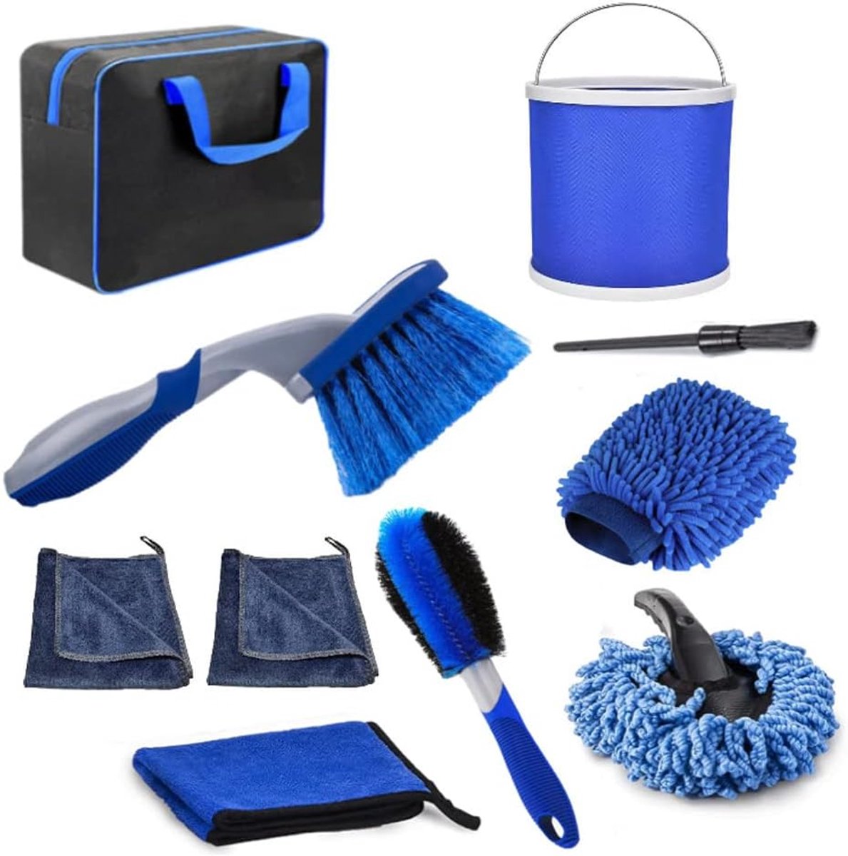 Autowas Set - Reinigingsgereedschap Auto - Auto Poetsen - 10 Delig Compleet - Opvouwbare Emmer - Blauw Zwart