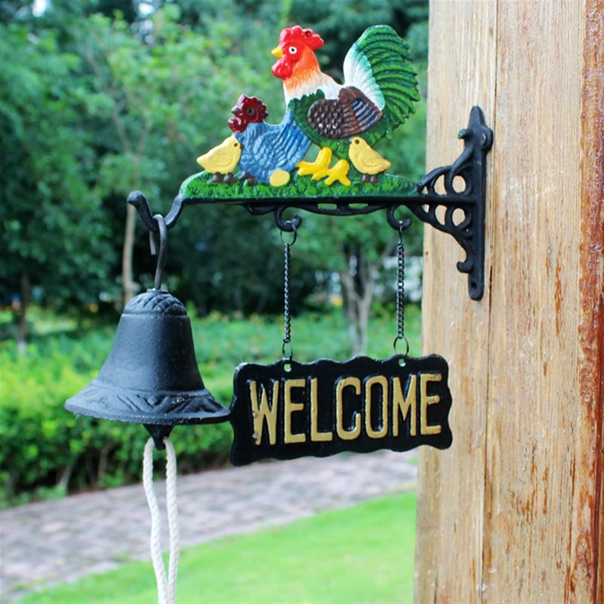 Decoratieve Bel - Wanddecoratie Klok - Welkom Huis - Handgeschilderd Design - 27.5 cm Hoog - Zwart Multicolor