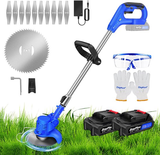 Blauwe elektrische grasmaaier met twee accu's, zaagblad, snijbladen, beschermbril en handschoenen.
