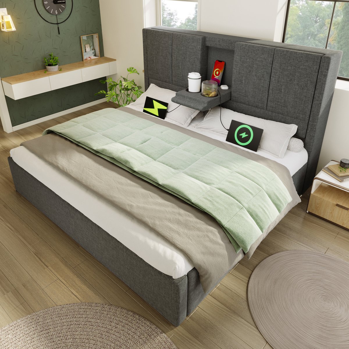 OKWISH Gestoffeerd Bed 140x200cm - Laadstation USB/Type-C - Hoofdeinde met Bekerhouder - Hydraulische Opbergruimte - Linnen - Grijs - Zonder matras
