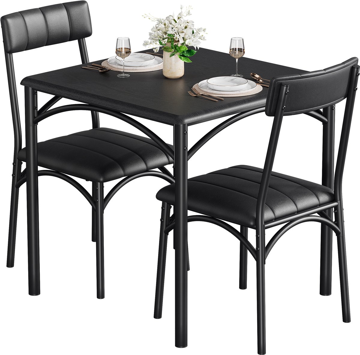 Eettafel Stoel Set 3-delig - 74 x 74 x 76 cm - Compact Ruimtebesparend Metalen Frame - Met 2 Beklede Stoelen - Kleine Eettafel voor Keuken of Eetkamer - voor Kleine Ruimtes - Zwart