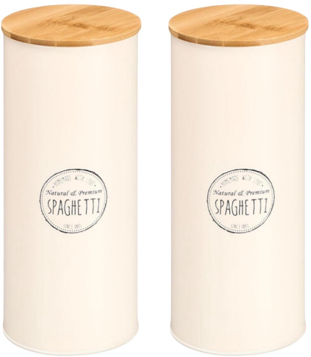 Kinvara Voorraadpot Essentials - 2x - keuken - spaghetti pasta - creme wit - 12 x 28 cm - metalen blik - bamboe deksel - luchtdicht