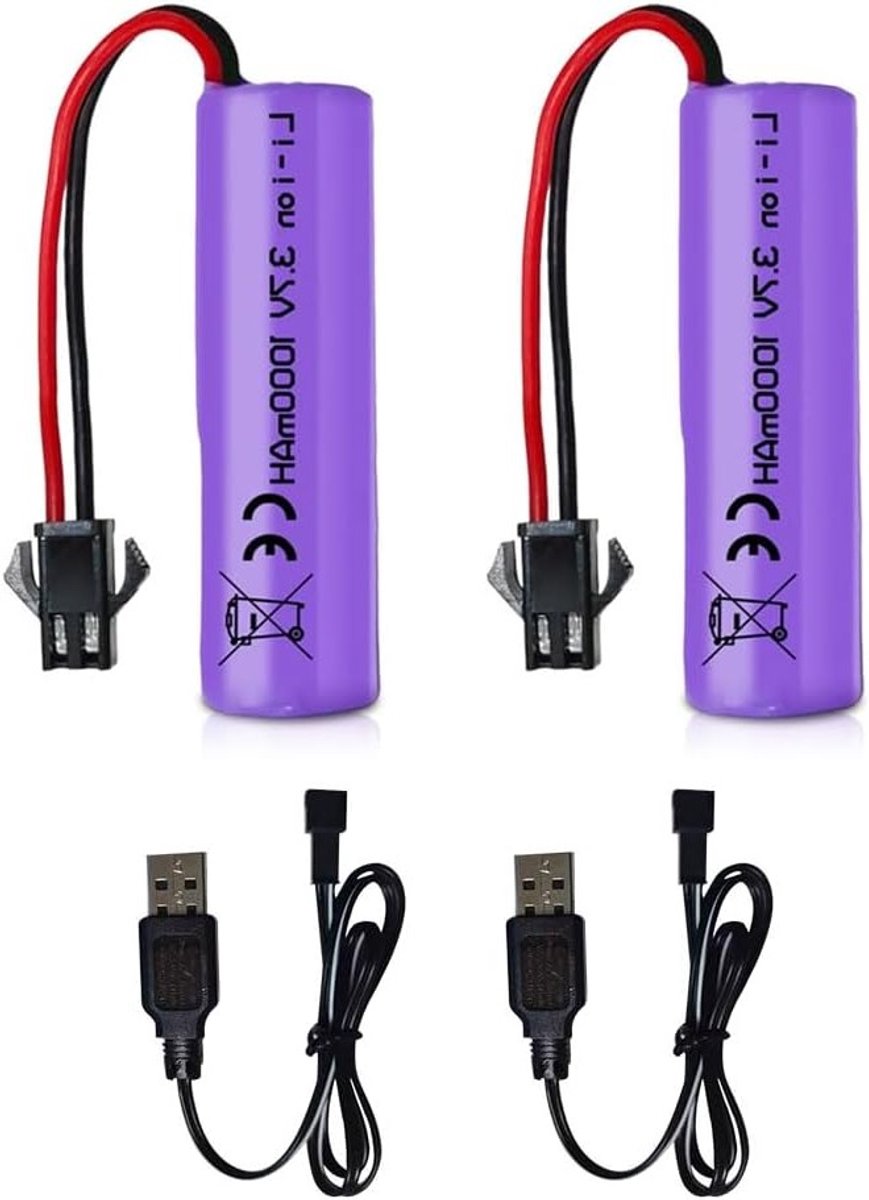 Oplaadbare 3.7V 1000mAh Li-ion Batterij met USB Oplaadkabel voor RC Voertuigen, Botenspeelgoed en Stuntwagens - 2 Pack