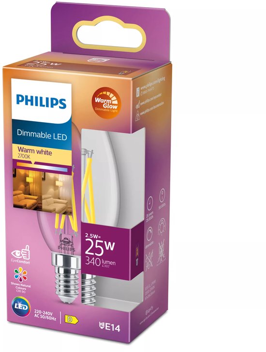 Lampe LED Philips en forme de bougie, 25W, E14, lumière blanche chaude dimmable, 340 lumens.