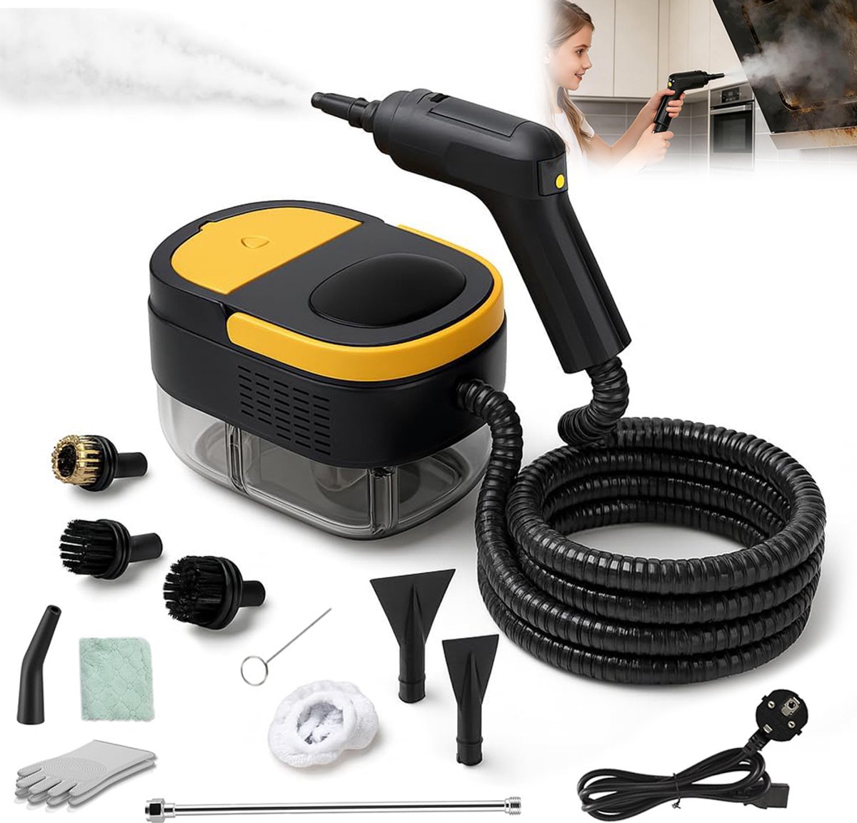 Stoomreiniger - Glasreiniger – 1600 ml - 2500 watt + 1,5 m stoomslang - 10-delige accessoireset - Vlekverwijderaar en reiniger – Geschikt voor vloeren, ramen en auto's – Krachtige olieverwijdering, hygiënische reiniging