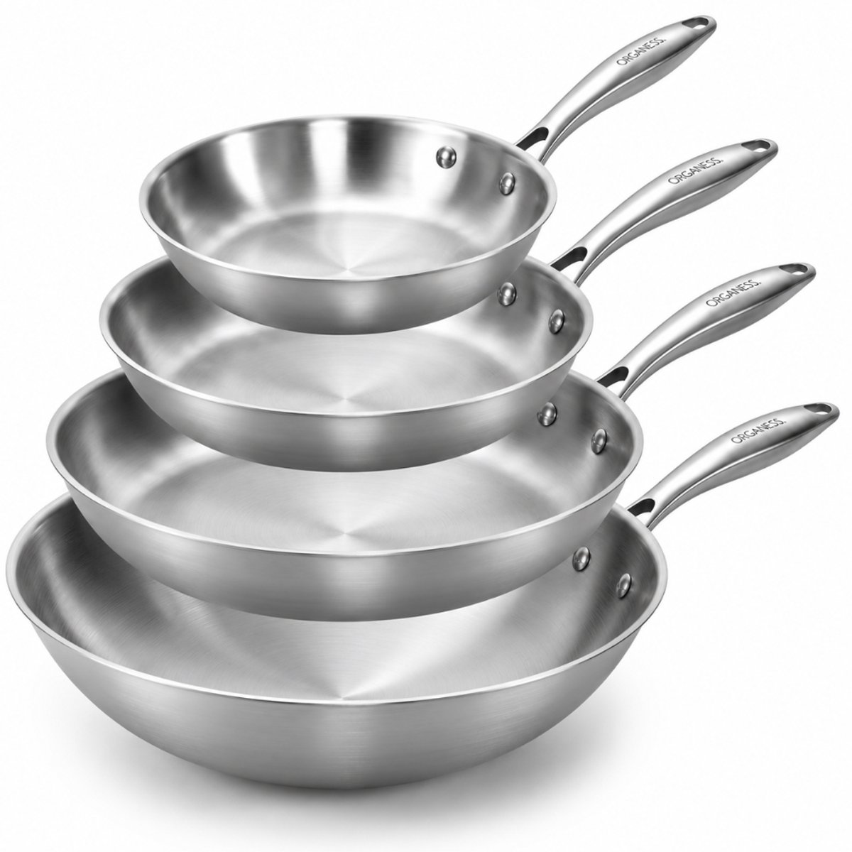 Organess Koekenpannen set RVS 20, 24 & 28 cm en Wokpan 28cm – Inductie Pan – Roestvrijstaal – Geschikt voor Alle Warmtebronnen