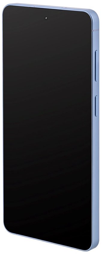 Zijaanzicht van een Samsung Galaxy S26 in hemelsblauw met zwart scherm.