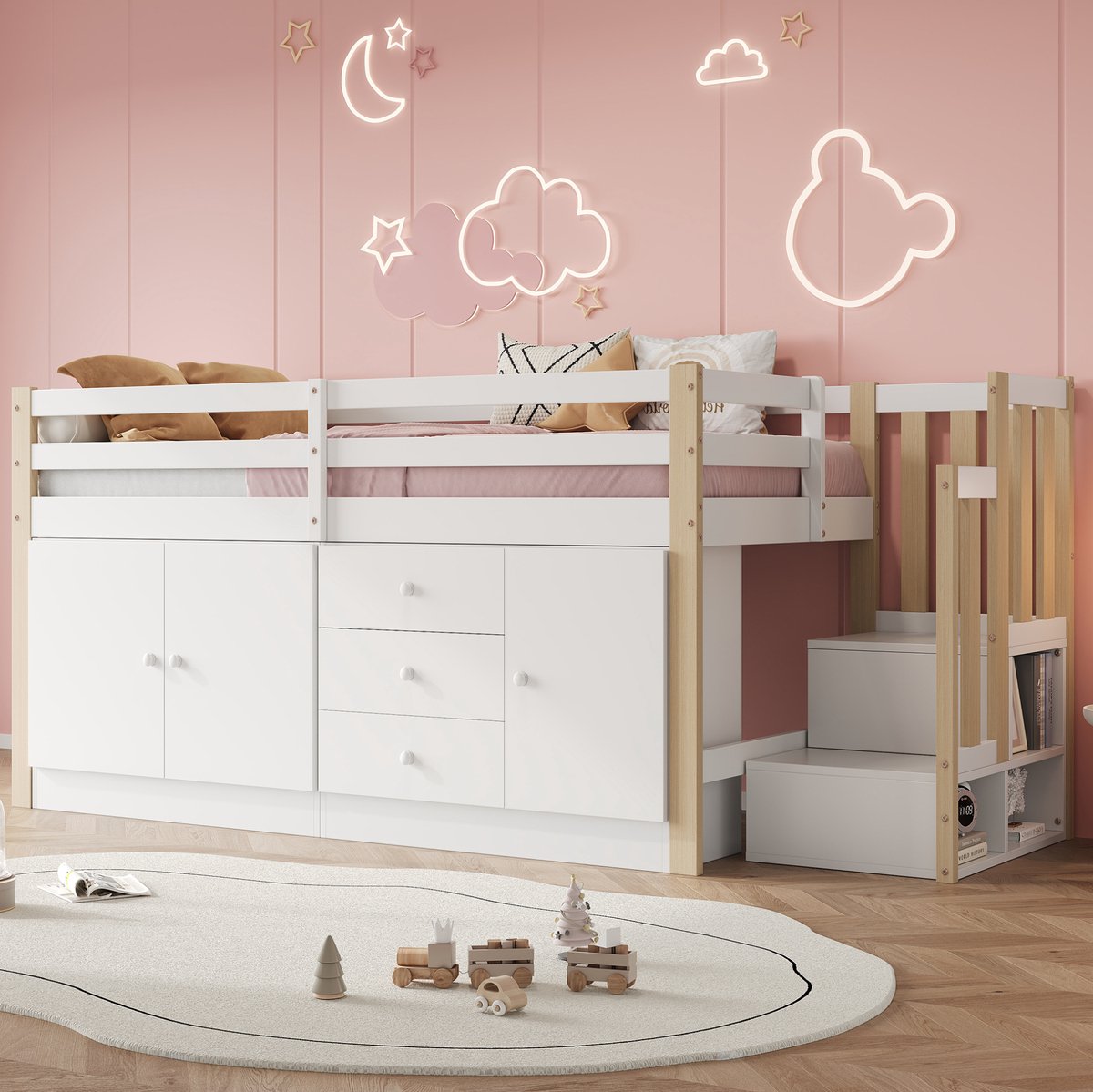MEUNIQ Kinderhoogslaper 90x200 met trap, lades, 2 opbergkasten en kledingroede, wit, voor kinderkamer