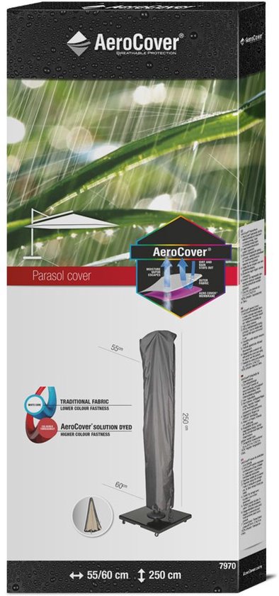 Verpakking van een grijze AeroCover parasolhoes. Afmetingen 250x55/60cm. Beschrijft ademende en waterdichte stof.