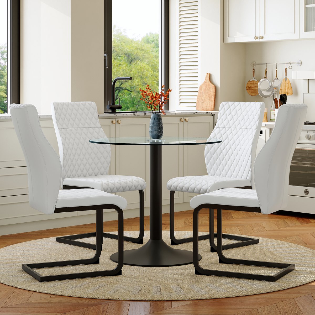 MODENUIT Eettafelset 85 cm - Ronde Glazen Tafel Met 4 Stoelen - Voor Eetkamer En Keukenbar - Glas Metaal PU Wit Zwart, Transparant, Wit