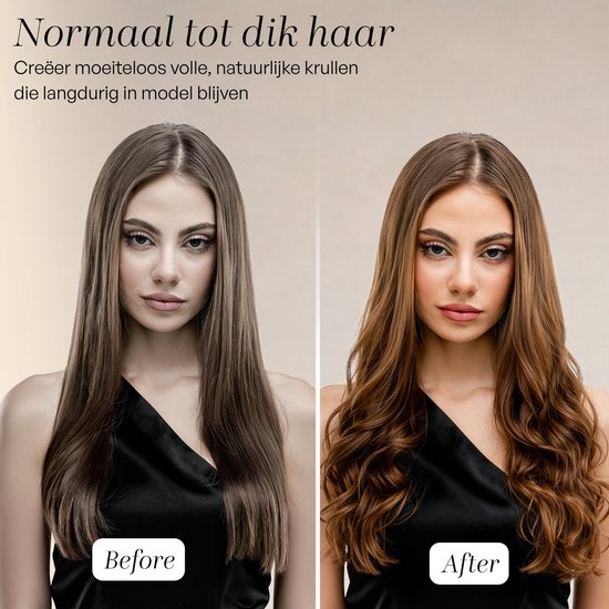 Voor en na foto's van een vrouw met lang bruin haar, gestyled met de automatische krultang.