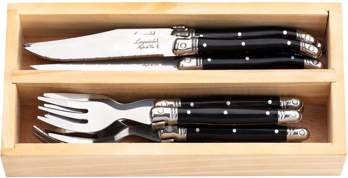 Dailygoods- Mini-Bestekset 12-delig - Zwarte Kunststof Handgreep - 6 Messen/Vorken - Compact - Perfect voor Tapas/Gourmetten