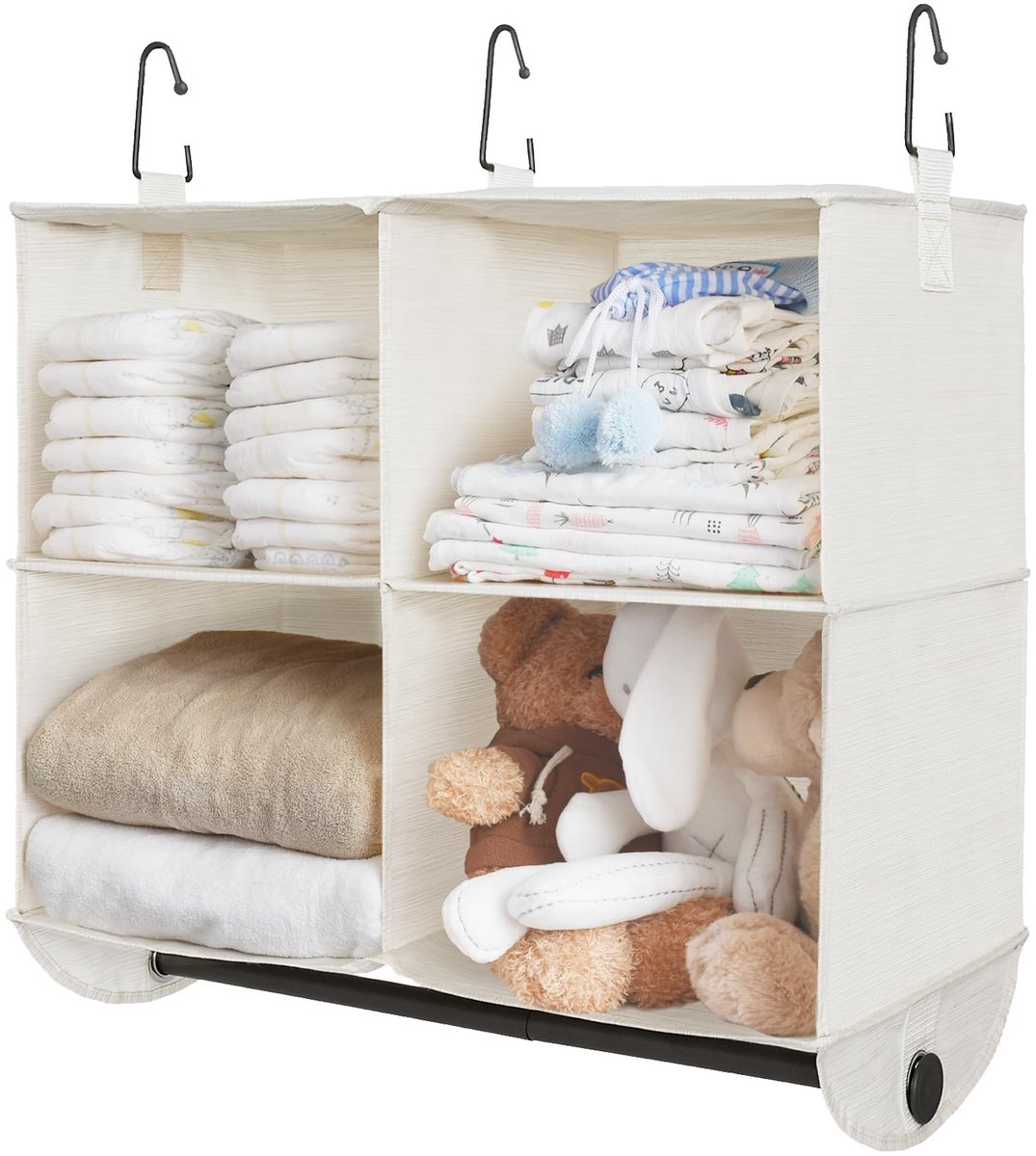 Dailygoods- Kledingkastorganizer met metalen stang - Hangende opbergruimte - 4 vakken - Ruimtebesparende opbergoplossing - Beige - Brede planken - Opbergkast