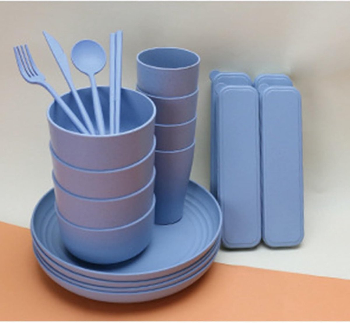 Kampeer eetset - Servies voor buiten - Kamperen en picknicken - Onbreekbaar en herbruikbaar - 32 delig - Blauw