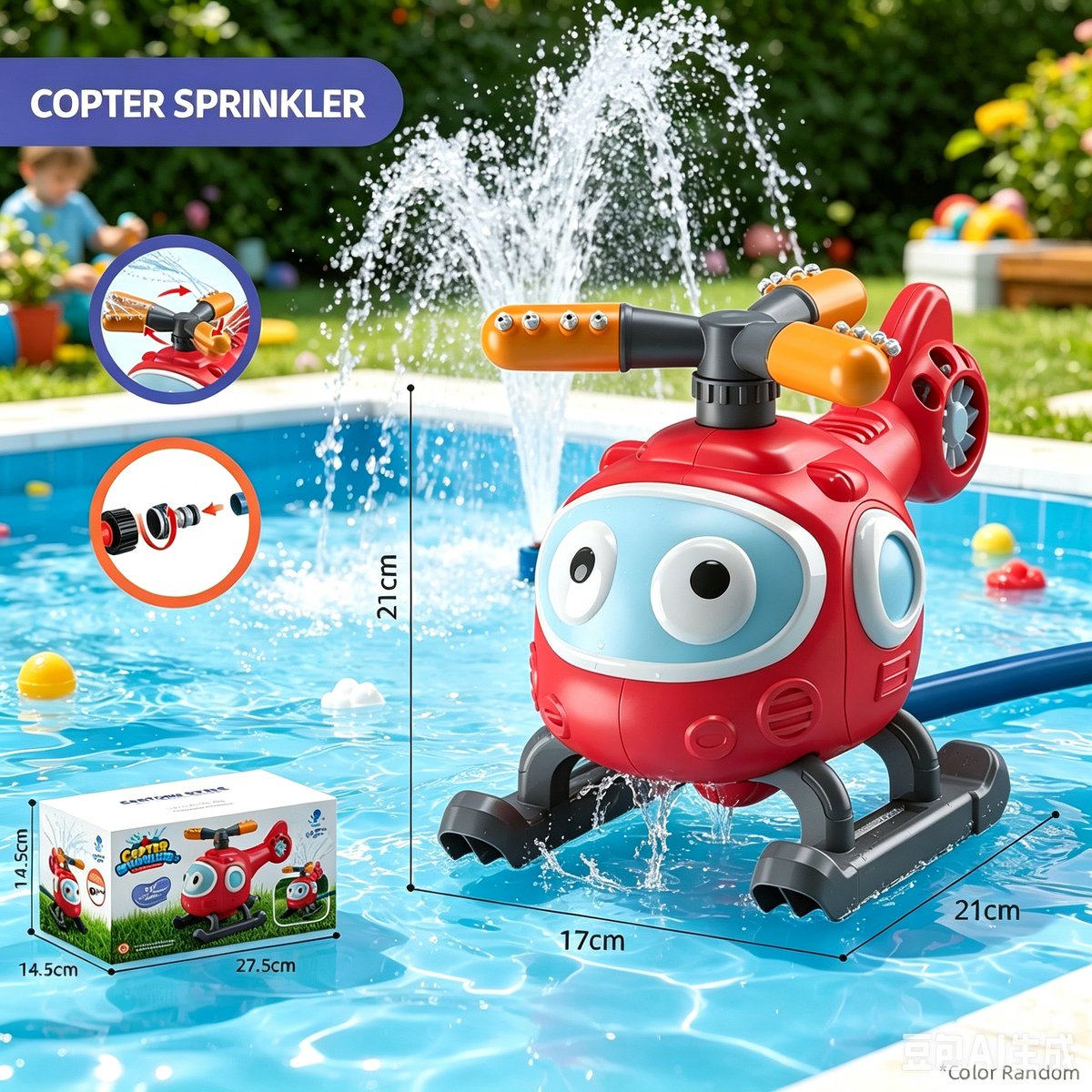Helikopter Watersproeier voor Kinderen – Roterende Tuinsproeier – Waterspeelgoed voor Buiten – Tuinslangaansluiting – 21 cm – Kleur Willekeurig