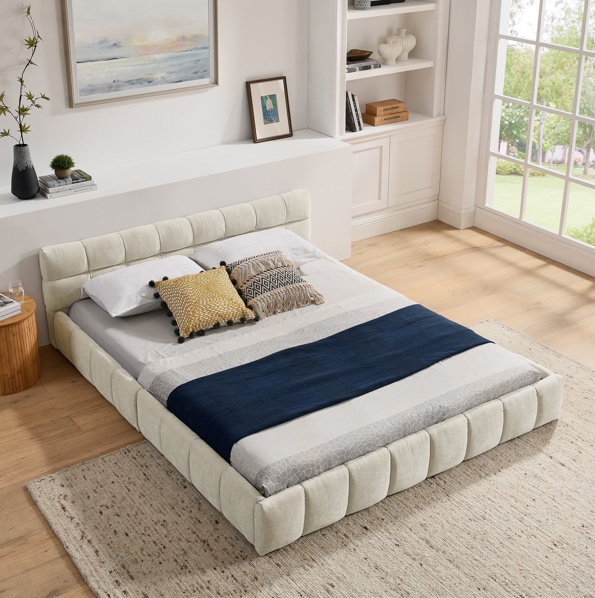 MEUNIQ tweepersoons bed 160x200 cm met chenille bekleding, lattenbodem, eucalyptushouten f