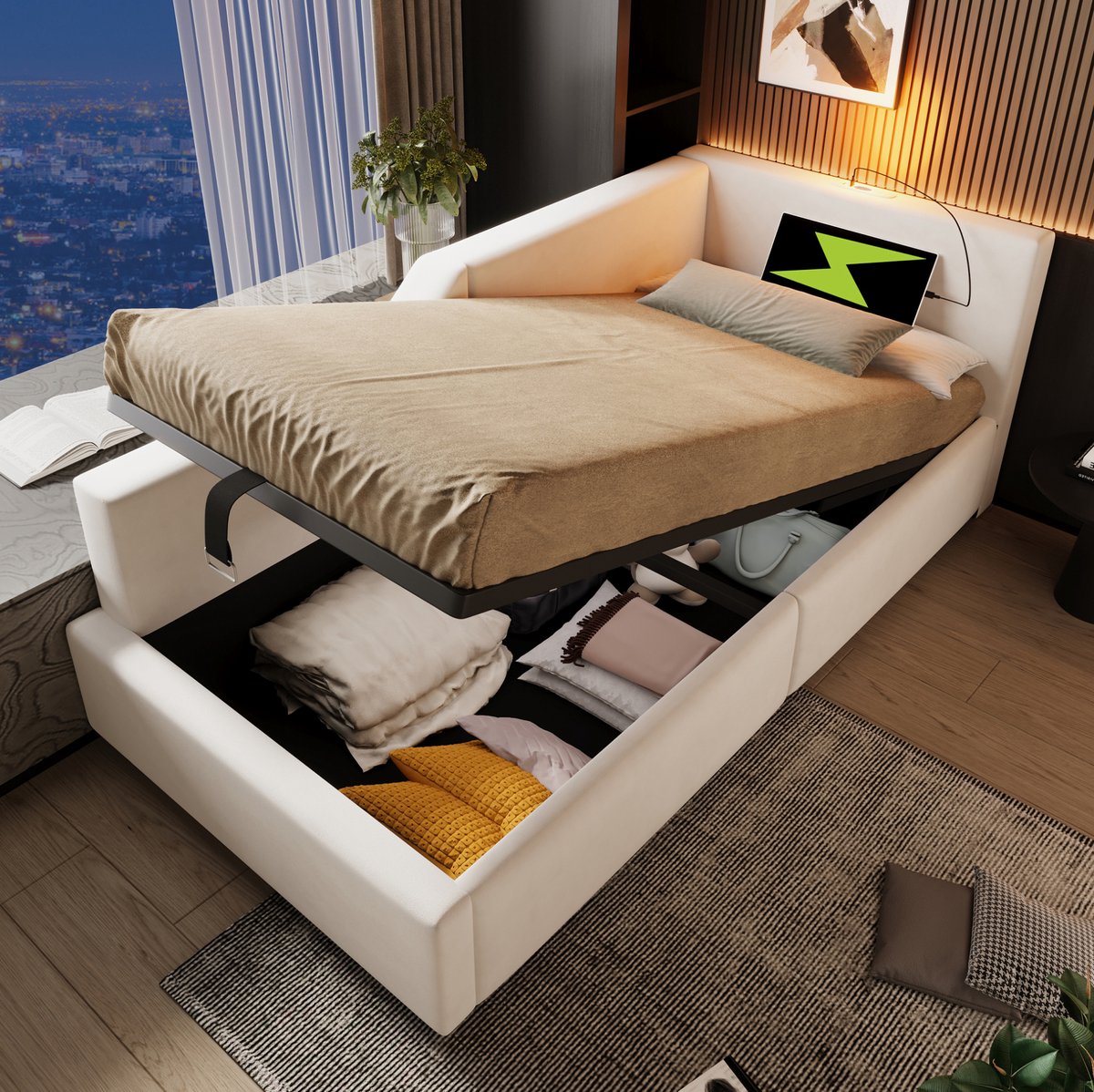 MEUNIQ daybed 90x190 cm met hydraulische opbergruimte, leeslamp, USB-C en lattenbodem, ges