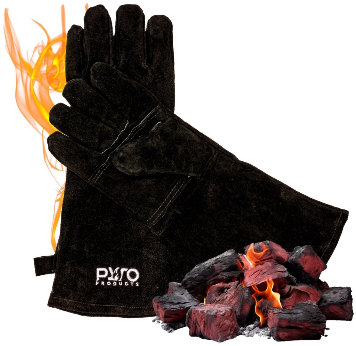 PyroProducts BBQ Handschoenen Leer - Hittebestendig tot 350°C - Openhaard - Extra Lange Mouw - Zwart