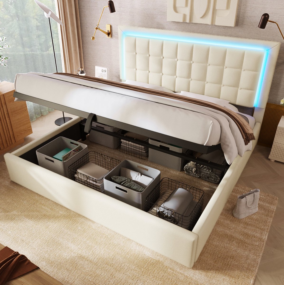 MEUNIQ tweepersoons bedframe 160x200 cm met lattenbodem, hydraulische opbergruimte en LED-verlichting, kunstleren bed in wit voor slaapkamer, zonder matras