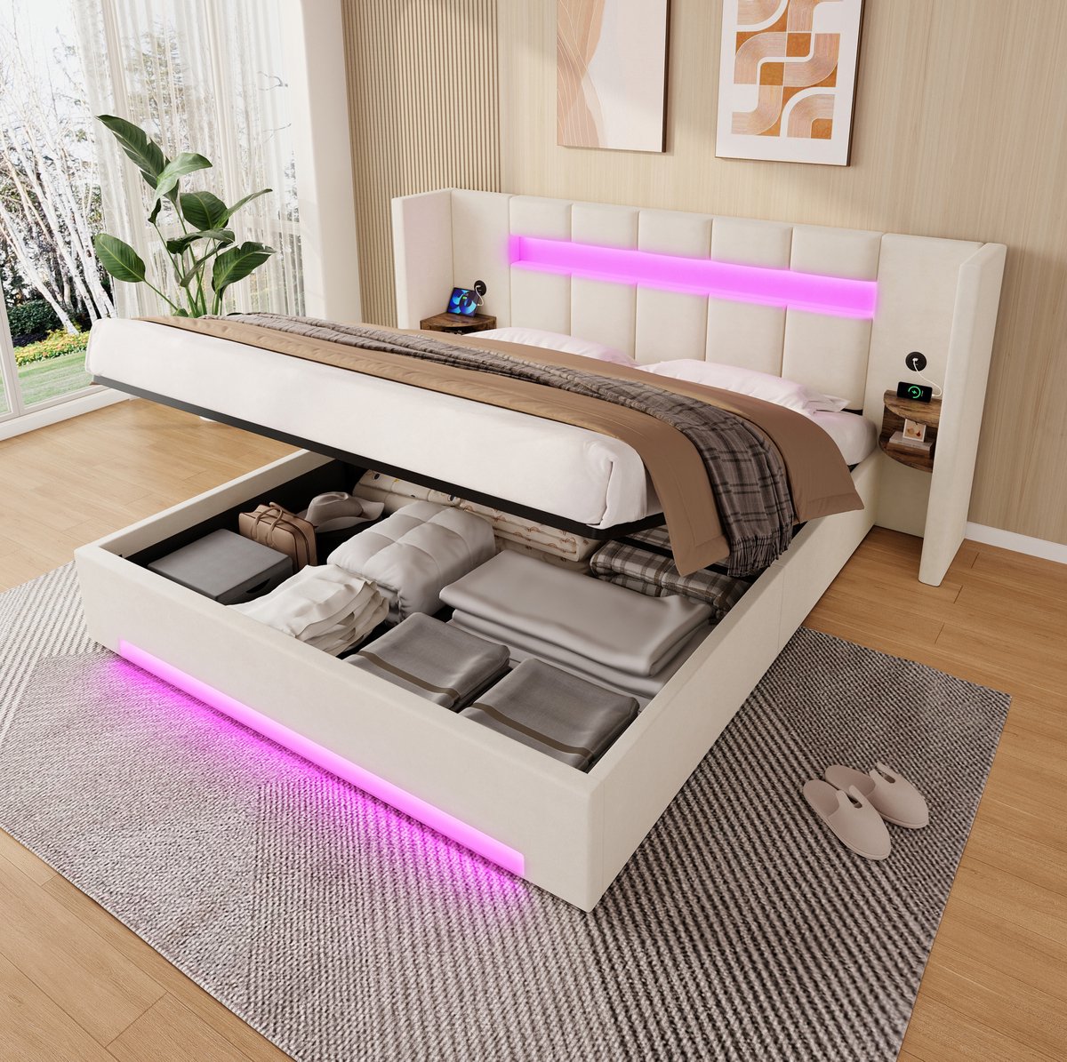 MEUNIQ tweepersoons bedframe 160x200 cm met fluwelen bekleding, breed hoofdbord, 2 USB-poorten, LED-verlichting, hydraulische opbergruimte en zijkasten, beige