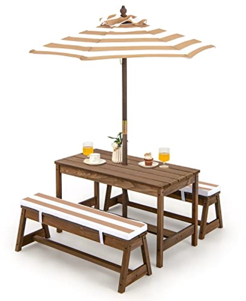Houten picknicktafel met banken, kussens en parasol, kinderzitgroep voor buiten, 4-delig (bruin)