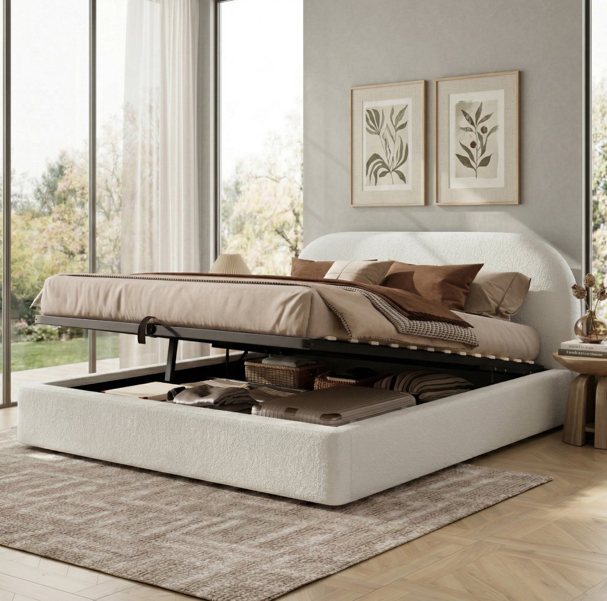 MEUNIQ gestoffeerd bed 160 x 200 cm met hydraulische opbergruimte, lattenbodem en gevoerd hoofdbord, Bouclé Beige