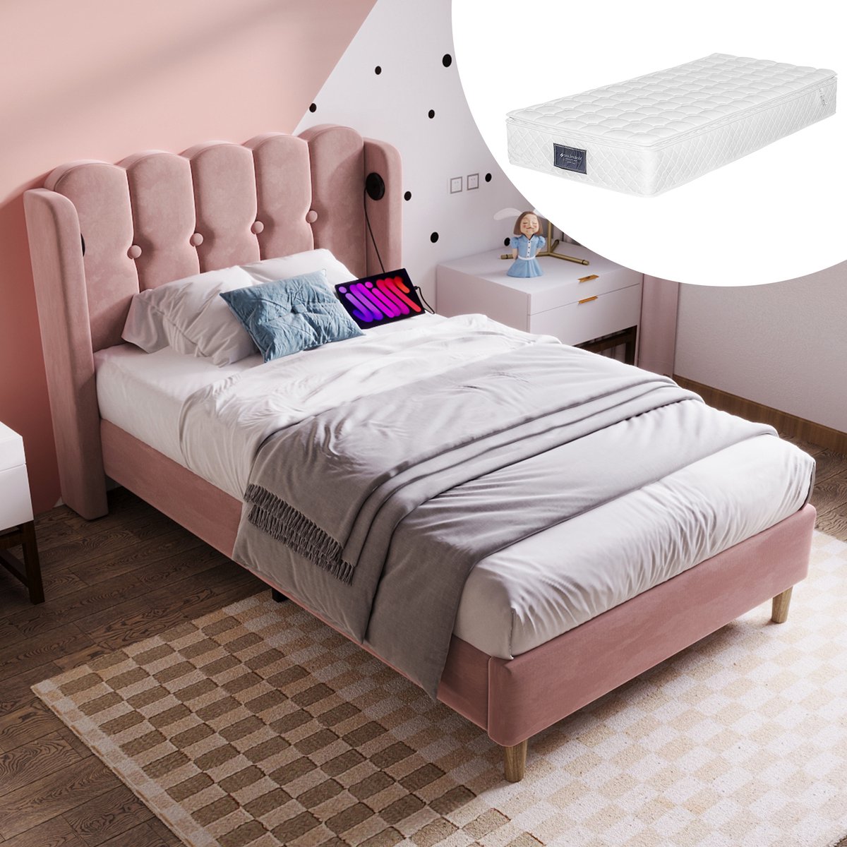 MEUNIQ eenpersoons gestoffeerd bed 90 x 200 cm met lattenbodem, USB en USB-C in hoofdbord, roze fluwelen bedframe voor slaapkamer of logeerkamer