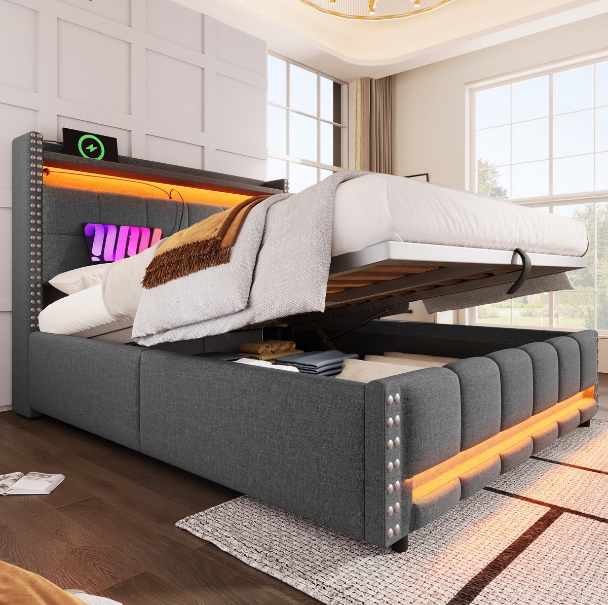MEUNIQ tweepersoons gestoffeerd bed 160x200 cm met LED, USB, hoofdbord met opbergruimte en hydraulische bergruimte voor slaapkamer, grijs
