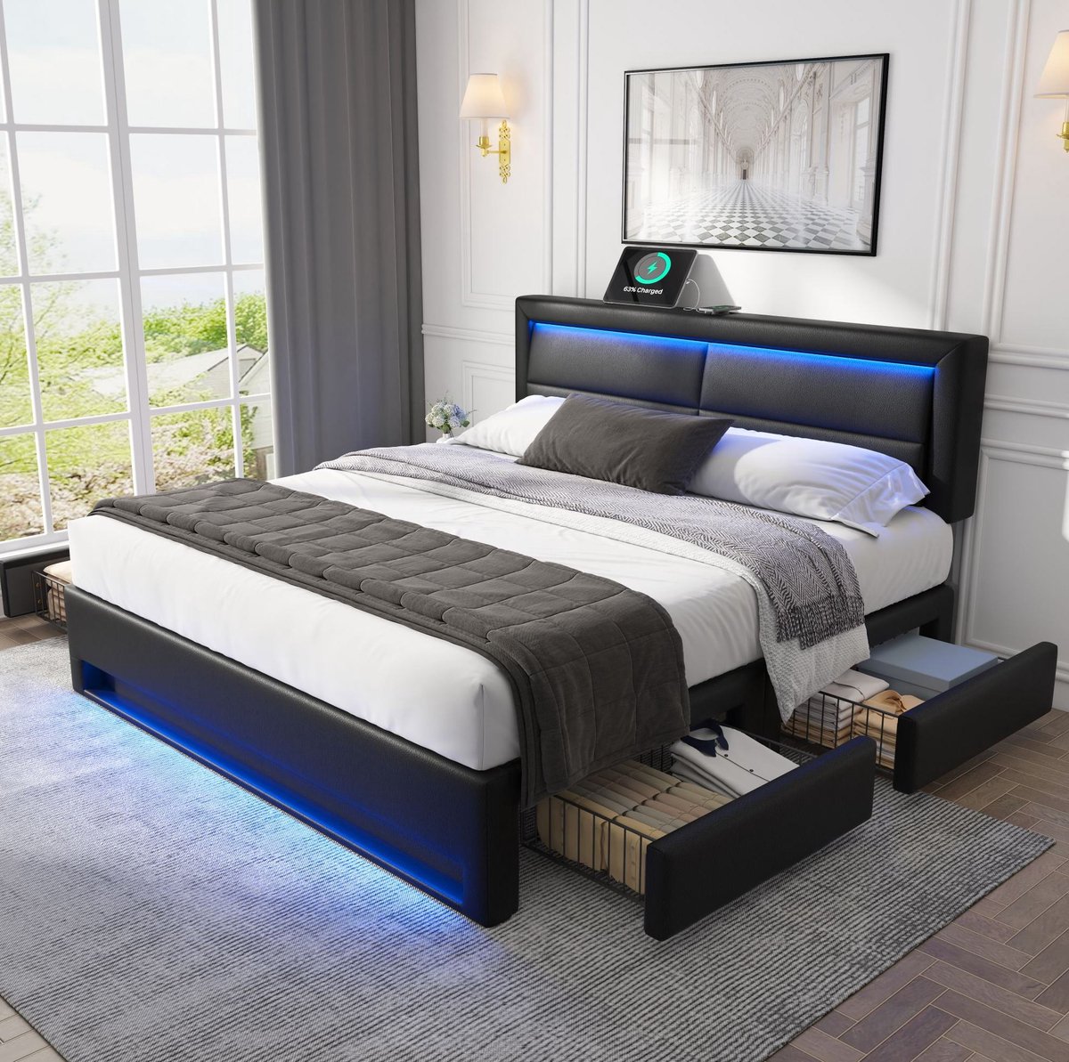 MEUNIQ gestoffeerd bed 140 x 200 cm met lattenbodem, USB-laadfunctie, draadloos opladen, LED-verlichting, 4 lades, tweepersoons bed voor slaapkamer, zwart