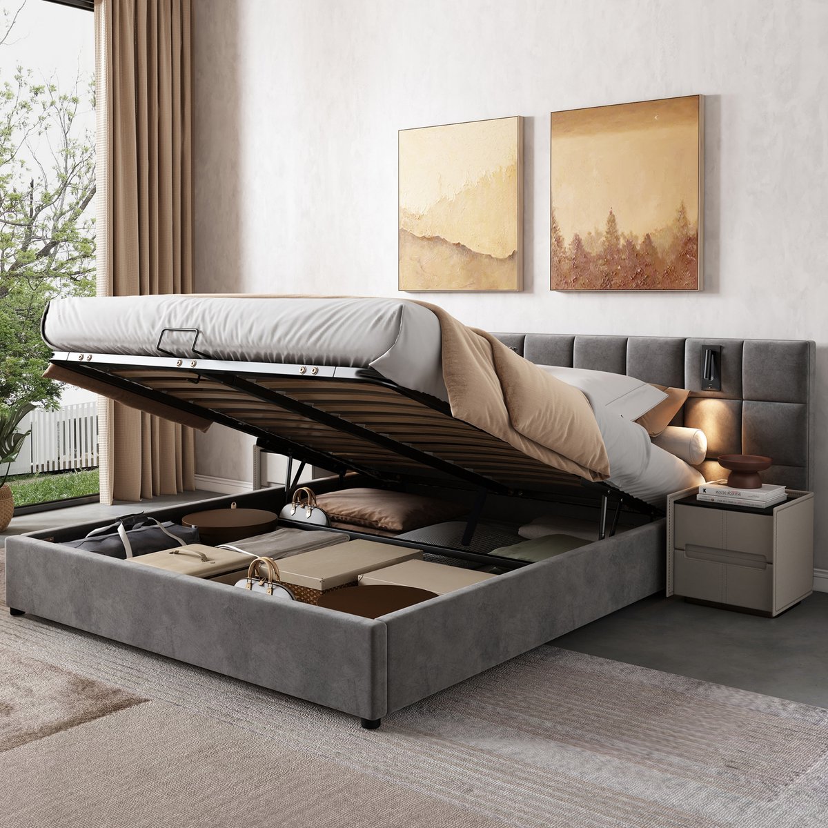 MEUNIQ gestoffeerd opbergbed 180x200 cm met hydraulische opbergruimte, verstelbaar leeslicht, USB-aansluiting en lattenbodem, tweepersoons bed voor slaapkamer, grijs
