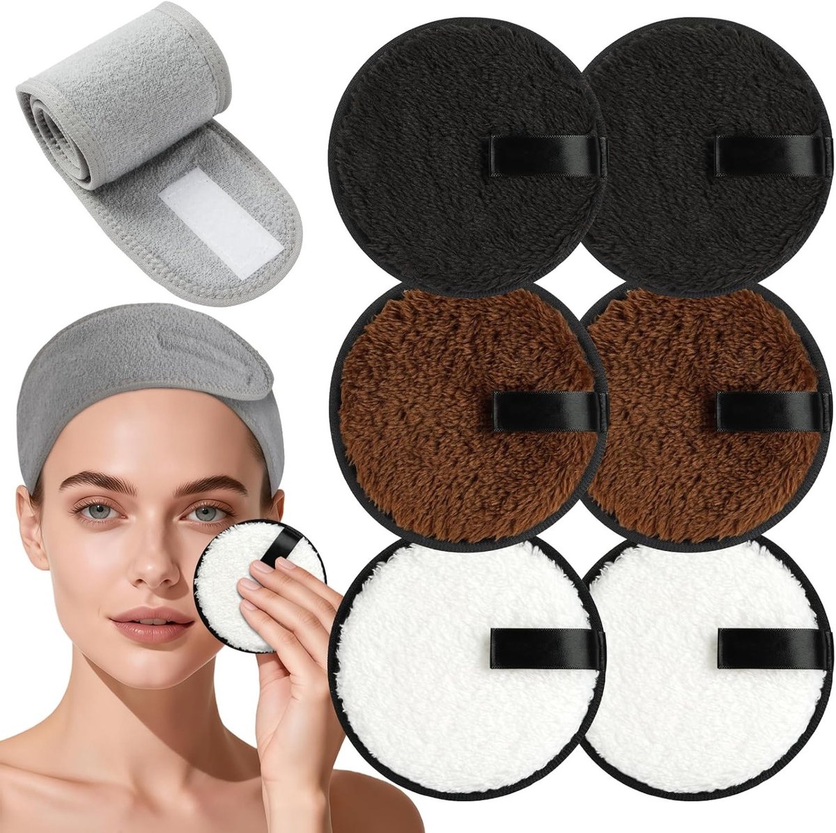 Herbruikbare make-up remover pads set met oogmake-up remover, grote dubbelzijdige microvezel gezichtspads en spa hoofdbanden, milieuvriendelijk en wasbaar voor dagelijkse verzorging