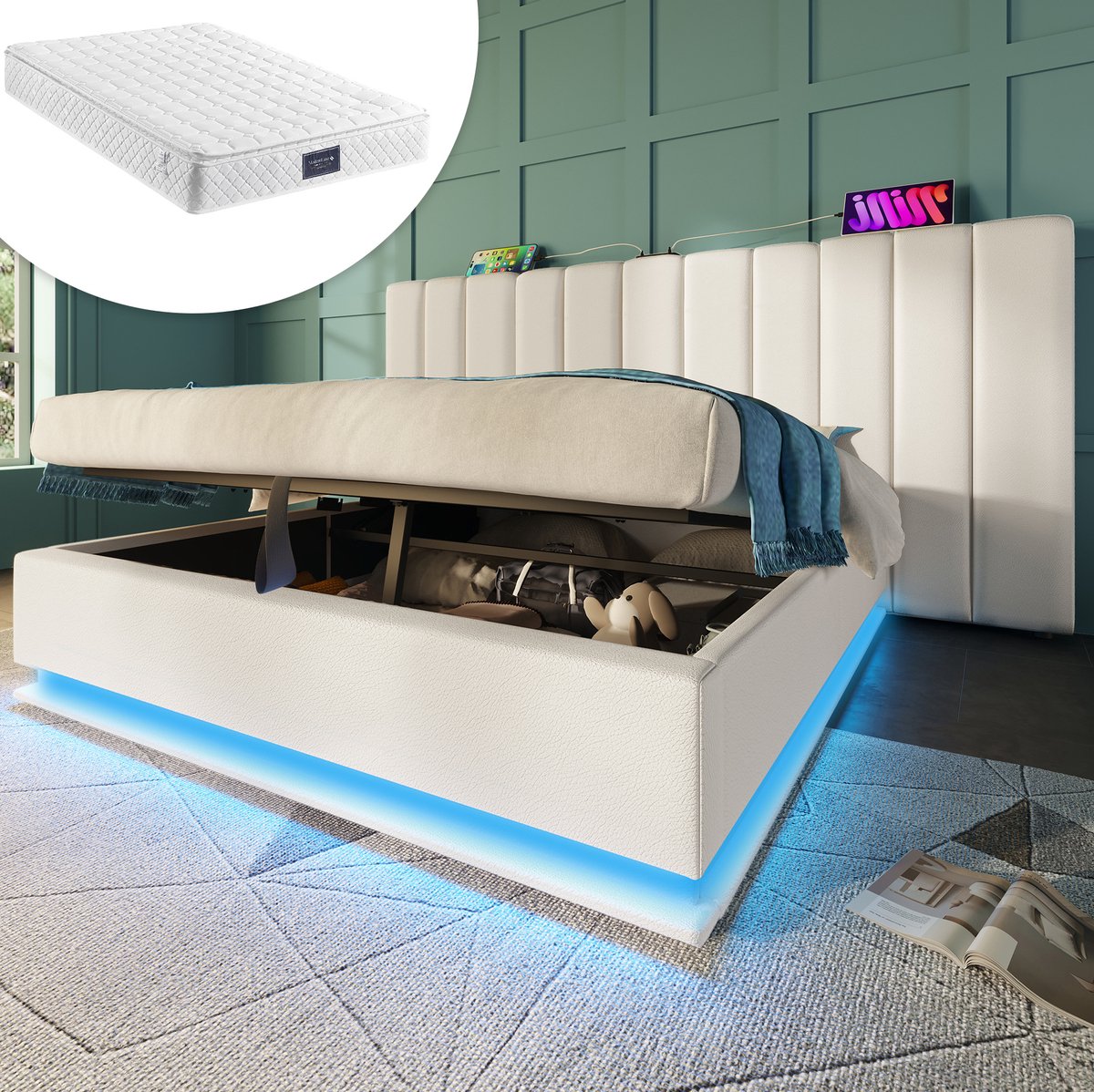 MEUNIQ tweepersoons opbergbed 160x200 cm met LED-verlichting, 3 USB en USB-C, lattenbodem en hydraulische opbergruimte, wit kunstleer, slaapkamer