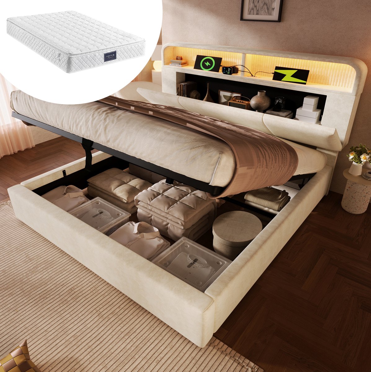 MEUNIQ tweepersoonsbed 140x200 cm met matras, opbergruimte en verstelbaar hoofdbord, hydraulisch bed met LED, USB en Type-C, lattenbodem, beige