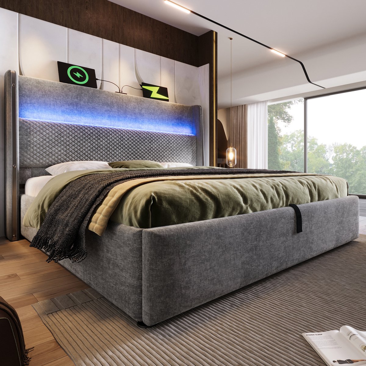 MEUNIQ hydraulisch tweepersoons bed 180x200 cm met hoog hoofdbord, LED-verlichting, USB en Type-C, opbergruimte en matras, grijs voor de slaapkamer