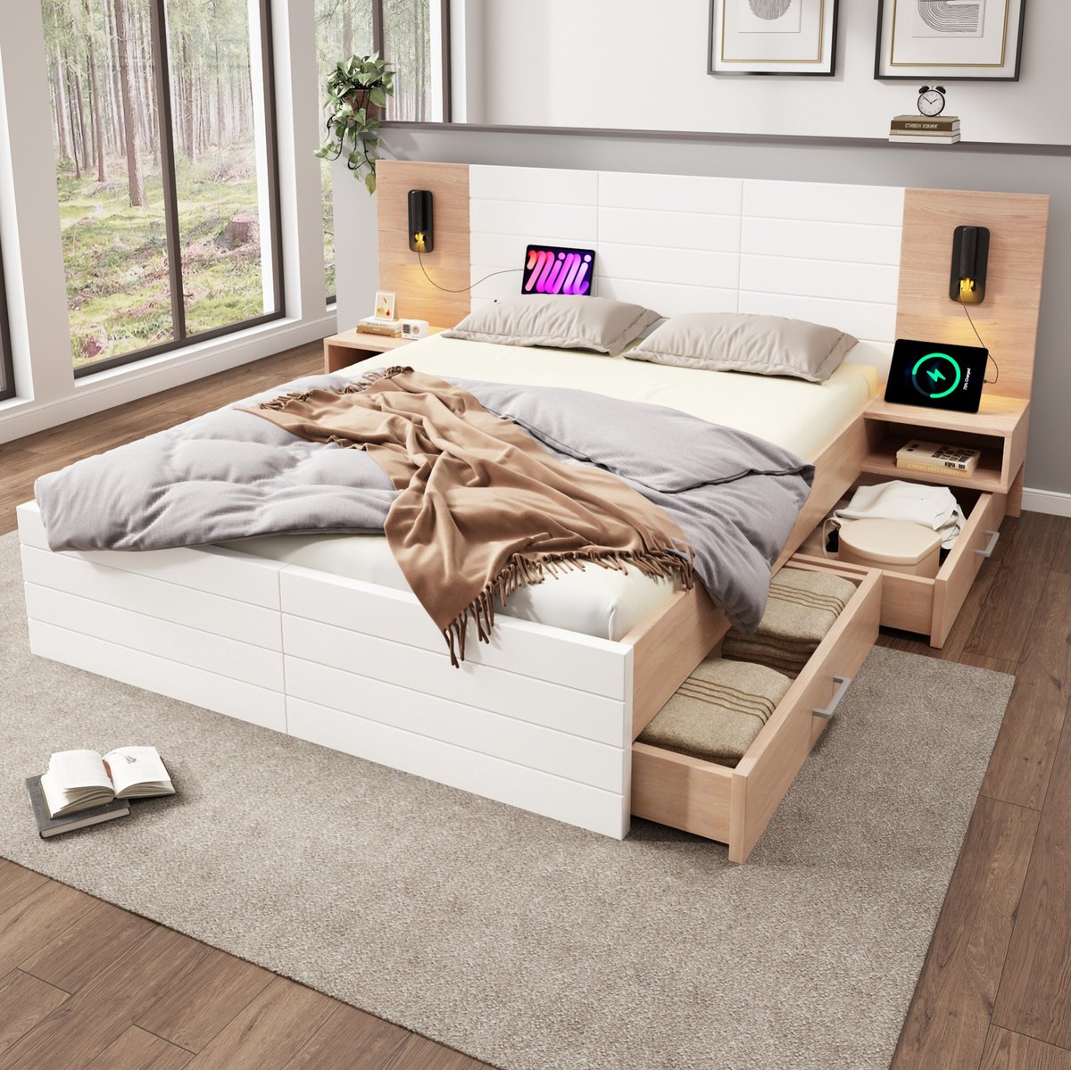 MEUNIQ tweepersoons bed 140x200 cm met lattenbodem, 2 lades, draaibare leeslampen en USB, 