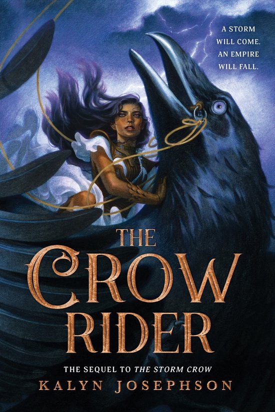 Boekomslag met een jonge vrouw met paars haar, zittend op een gigantische kraai, met de tekst 'The Crow Rider'.
