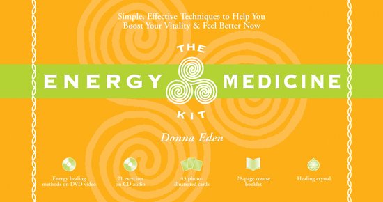 De 'The Energy Medicine Kit' verpakking met de tekst 'Simple, Effective Techniques to Help You Boost Your Vitality & Feel Better Now' en iconen voor een DVD, CD, kaarten, boekje en kristal.