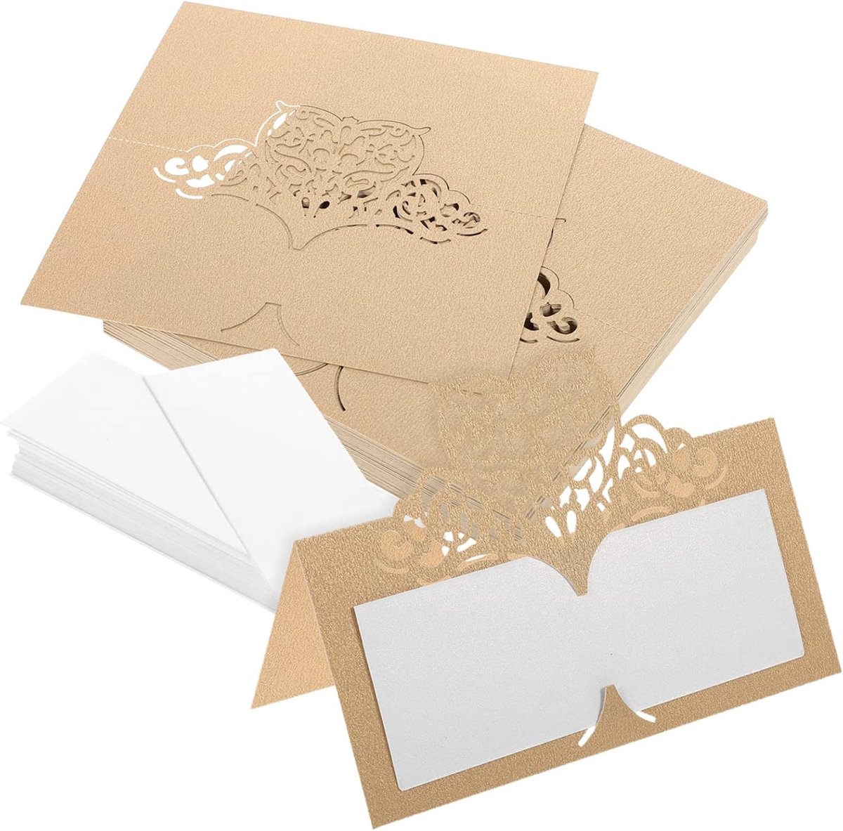 Naamkaartjes Hartvorm - Tafeldecoratie Kaartjes - Feestelijke Tafelsetting - Gouden Kantpatroon - 50 Stuks - Beige